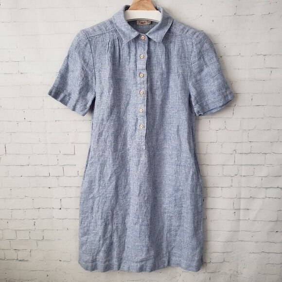 Faherty Hana Shirt Dress Size XS Blue Basket Weave 100% Linen Short Sleeve - Picture 2 of 13